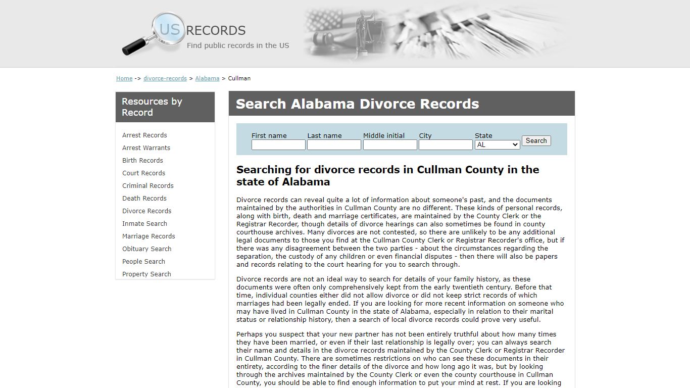 Search Divorce Records Cullman Alabama | US Records